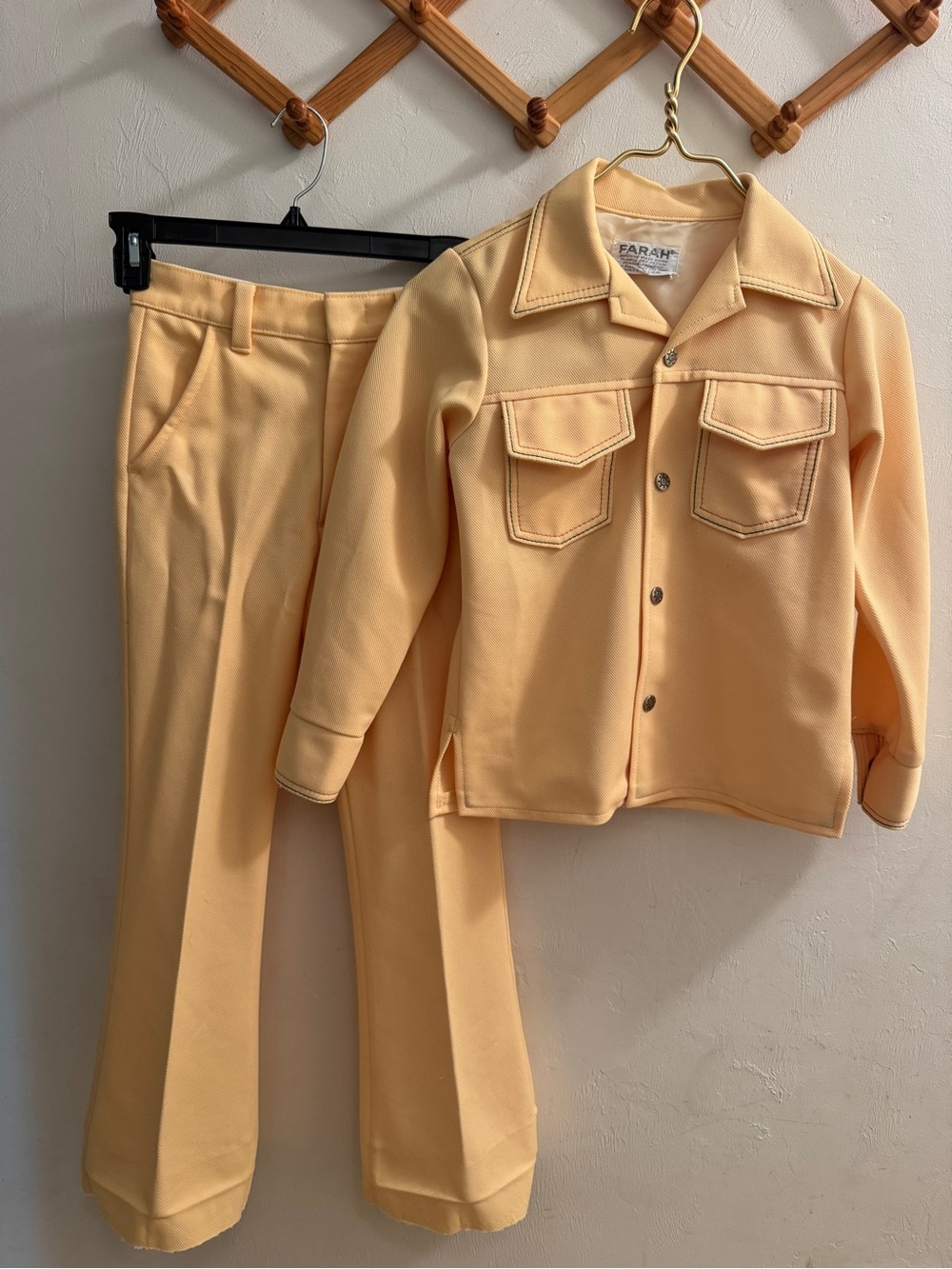RARE VTG 70s Farah Boys Leisure Suit Matching 2pc Set Yellow Polyester Slim11